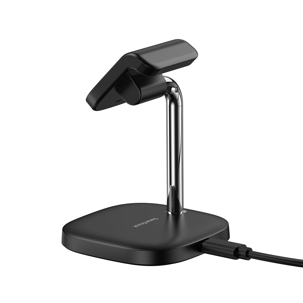 Rear-right angled view showing the professional finish and stable base of the SwanScout 505FC portable charging stand for travel.