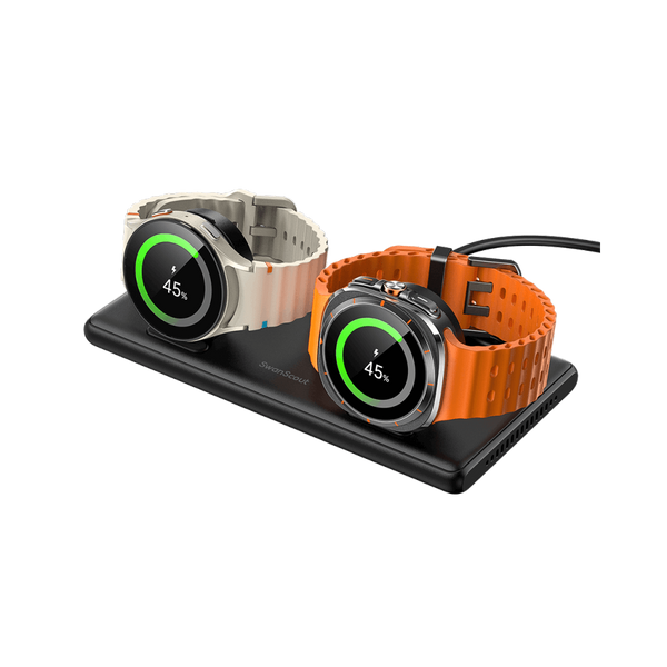 SwanScout 507DS dual wireless charger powering two Samsung watches at once, including Galaxy Watch 8 and Galaxy Watch Ultra.