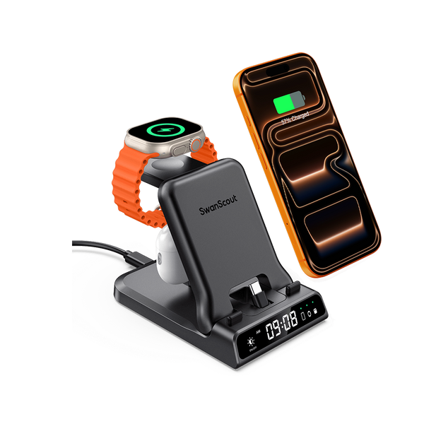 SwanScout 701AC 3-in-1 wired fast charging station with digital clock, charging iPhone 16, Apple Watch, and AirPods simultaneously via USB-C ports.