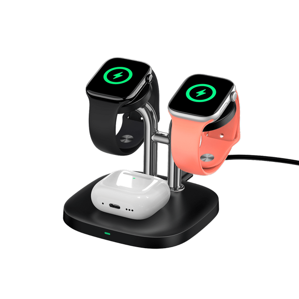 SwanScout 704A black dual Apple Watch charging station, simultaneously fast charging two Apple Watches and AirPods with 3.3W upgraded power.