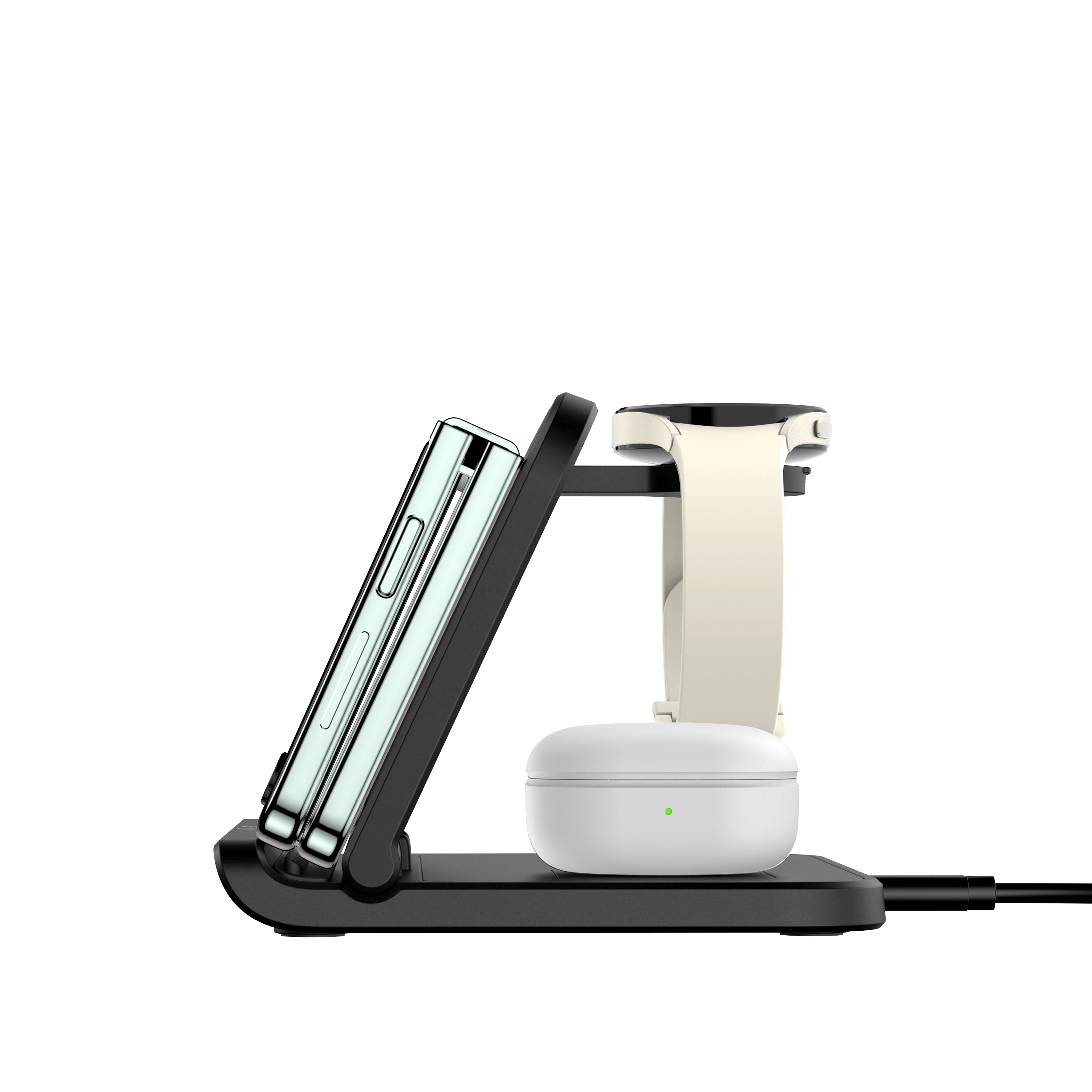 Right-side profile of Galaxy Z Flip 7 charging on the SwanScout 705S, highlighting the precise coil alignment for optimized power delivery.