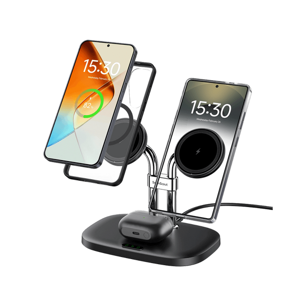 SwanScout 706SM charging station powering a Samsung Galaxy S25 and an iPhone 16 Pro simultaneously with strong magnetic alignment.
