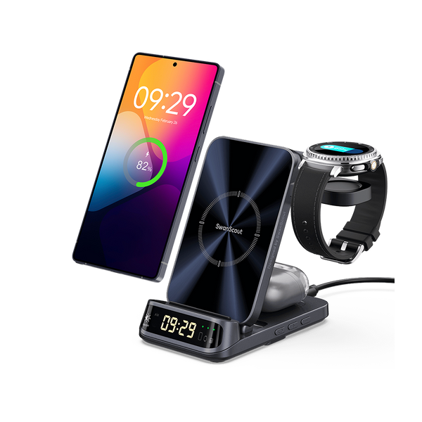SwanScout 708S 3-in-1 wireless charging station powering a Samsung Galaxy S25 Ultra, Galaxy Watch Ultra, and Buds 3 Pro with a curved LED clock.