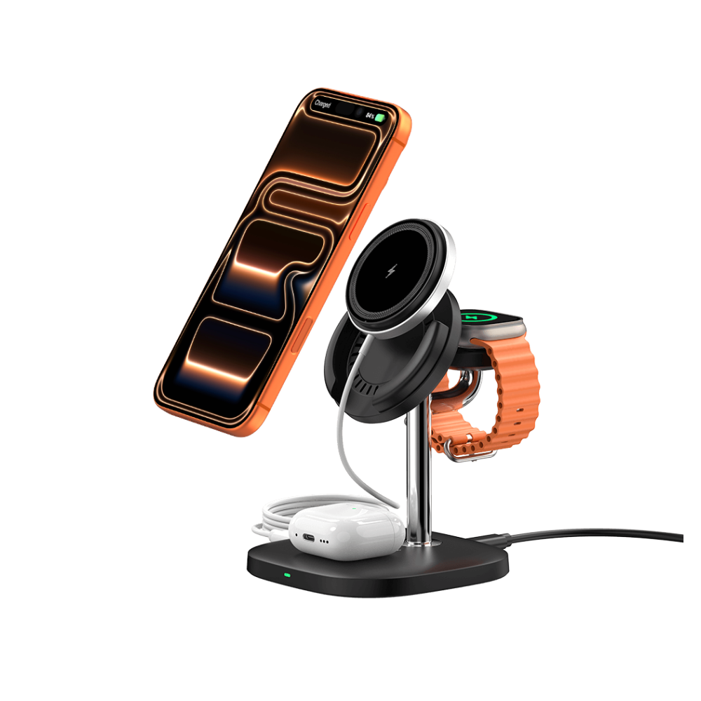 SwanScout 711M 3-in-1 charging station with a detachable magnetic pad, powering iPhone 17, Apple Watch 10, and AirPods Pro simultaneously.