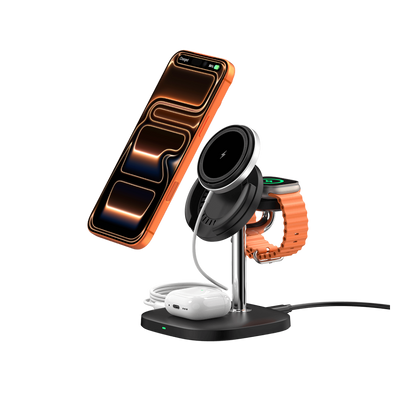 SwanScout 711M 3-in-1 charging station with a detachable magnetic pad, powering iPhone 17, Apple Watch 10, and AirPods Pro simultaneously.