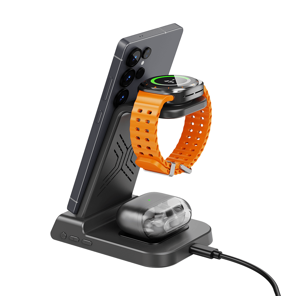 Rear-right view of SwanScout C01 charging a Samsung S24 Ultra and Galaxy Watch Ultra, showing the organized cable management and sleek design.