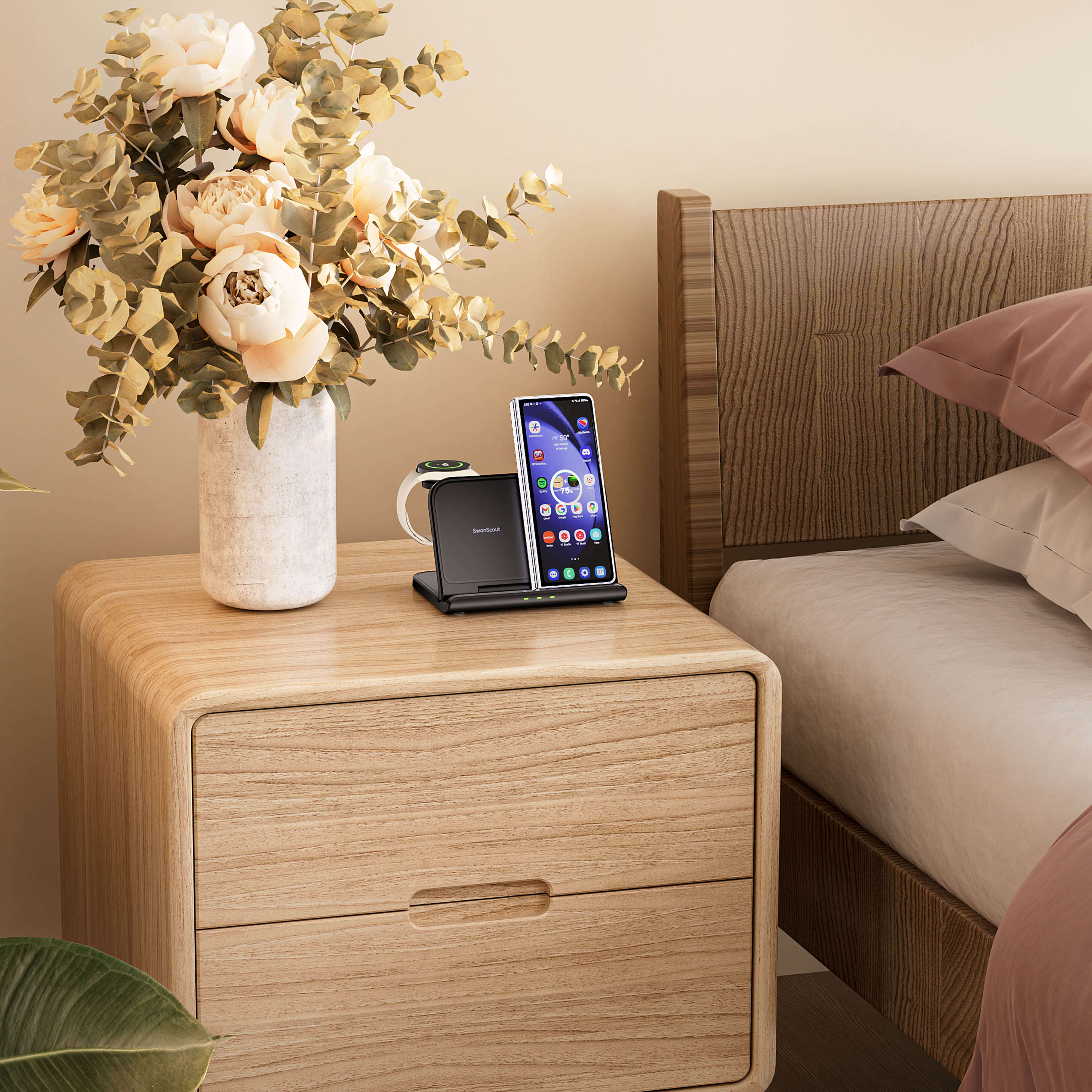 SwanScout 705S is a Three-Coil 3-in-1 Wireless Charger specially engineered to efficiently charge Samsung devices. It boasts the ability to charge multiple devices simultaneously while offering robust functionality. Additionally, its foldable and portable design enhances convenience for on-the-go usage.