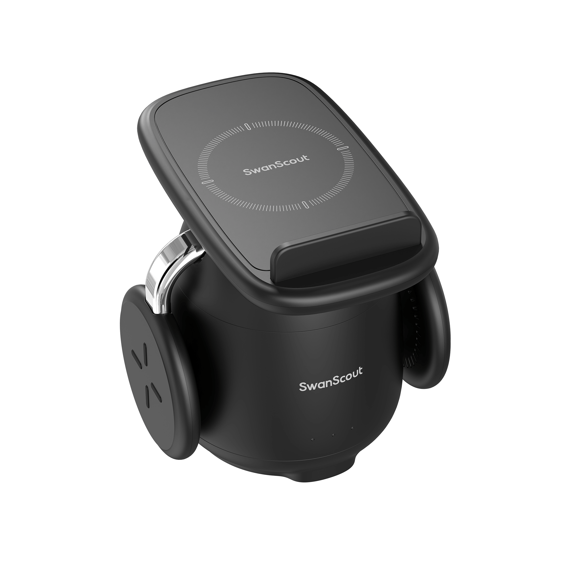 SwanScout 707S | 3-in-1 wireless charger compatible with Samsung, featuring a black, stable design for fast and efficient charging of multiple devices.