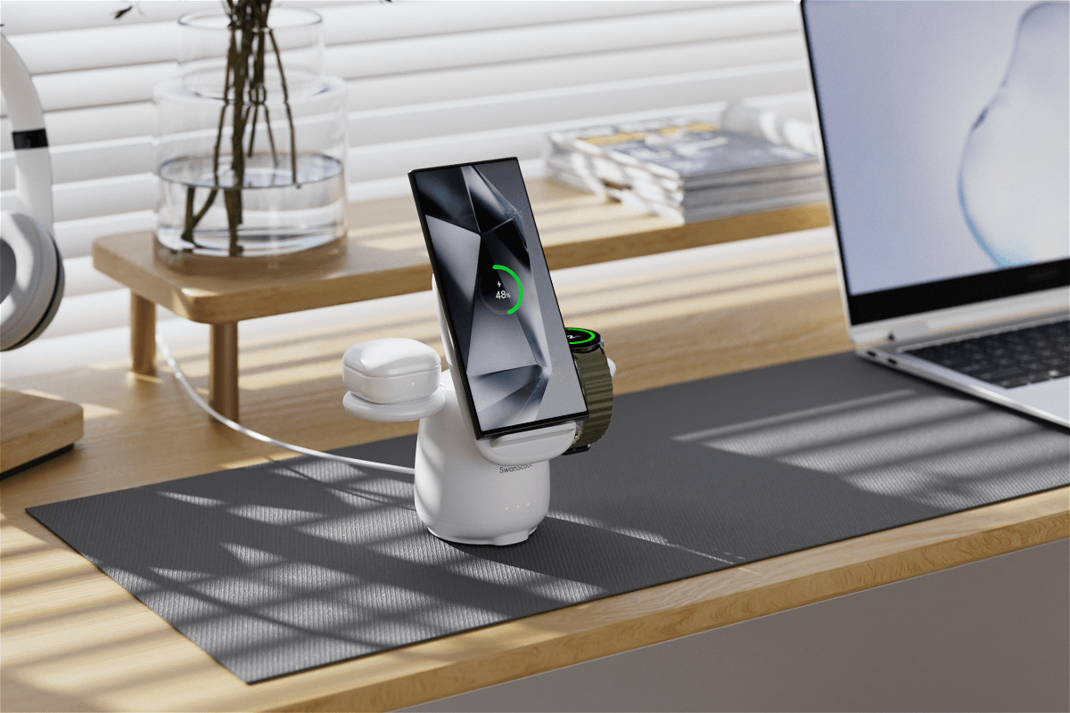 The SwanScout 707S offers a multifunctional 3-in-1 charging solution with a foldable design for convenient storage. It features a stable base for reliable charging, a clear indicator light to display charging status, and a built-in phone stand for versatile use.