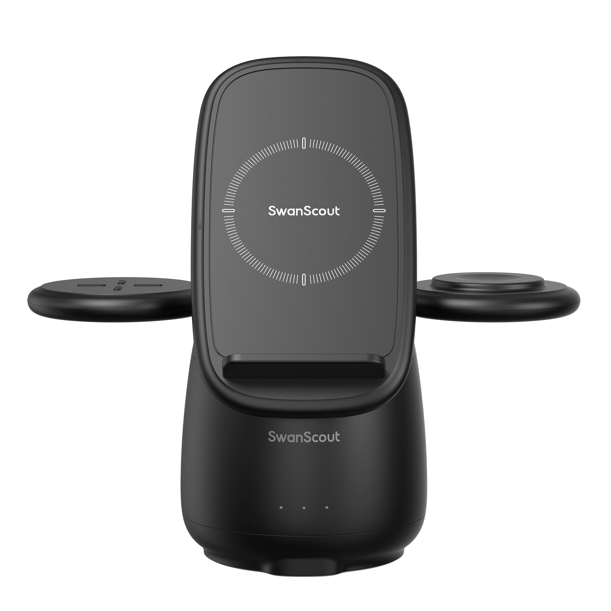 wanScout 707S | 3-in-1 wireless charger compatible with Samsung, featuring a sleek black design with a foldable, expanded setup for convenient charging of multiple devices.