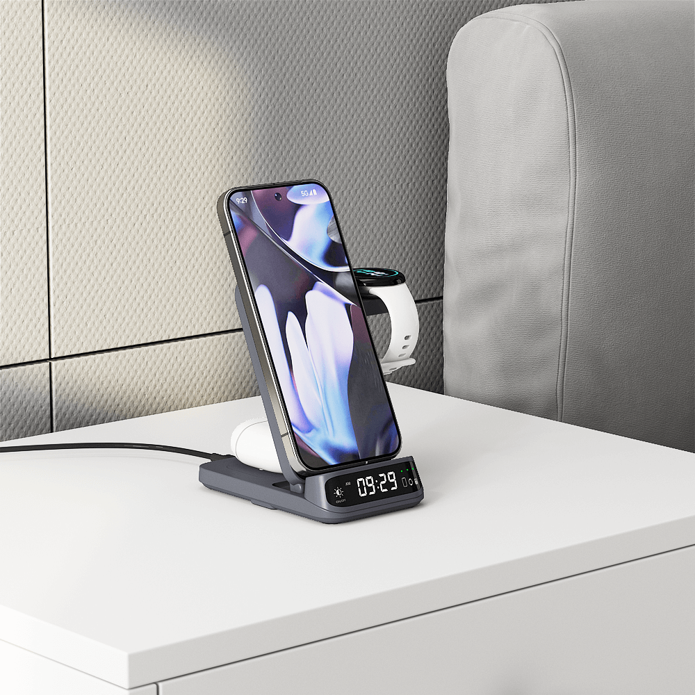 The Pixel charging station allows simultaneous charging of multiple Pixel devices.