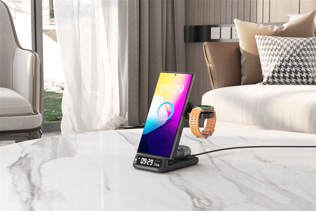 The Charging Stand for Samsung Devices charges your phone and accessories simultaneously.