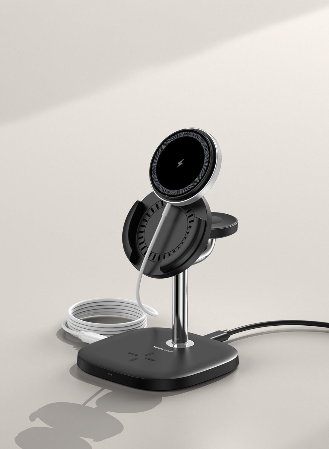 An all-in-one Apple charging station, SwanScout 711M brings together fast wireless charging and smart device arrangement.