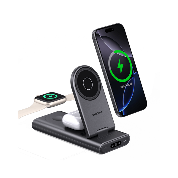 SwanScout 301M 3-in-1 magnetic power bank for Apple devices, showing sleek black design and magnetic charging features.