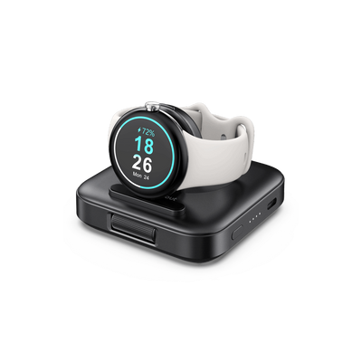 SwanScout 303G power bank charging a Pixel Watch 1, compact portable battery for wearable device charging.