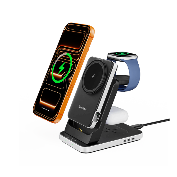 SwanScout 304M 3-in-1 magnetic power bank for iPhone 16 and Apple Watch, featuring MagSafe compatibility and sleek design.