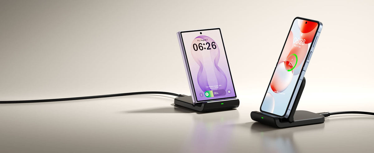Black SwanScout 501S stands charging Galaxy Z Flips side by side