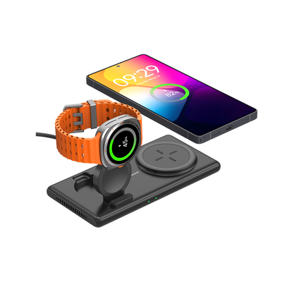 SwanScout 502S 2-in-1 wireless charger for Samsung devices, charging Galaxy S series and Galaxy Watch simultaneously with foldable stand, portable for travel