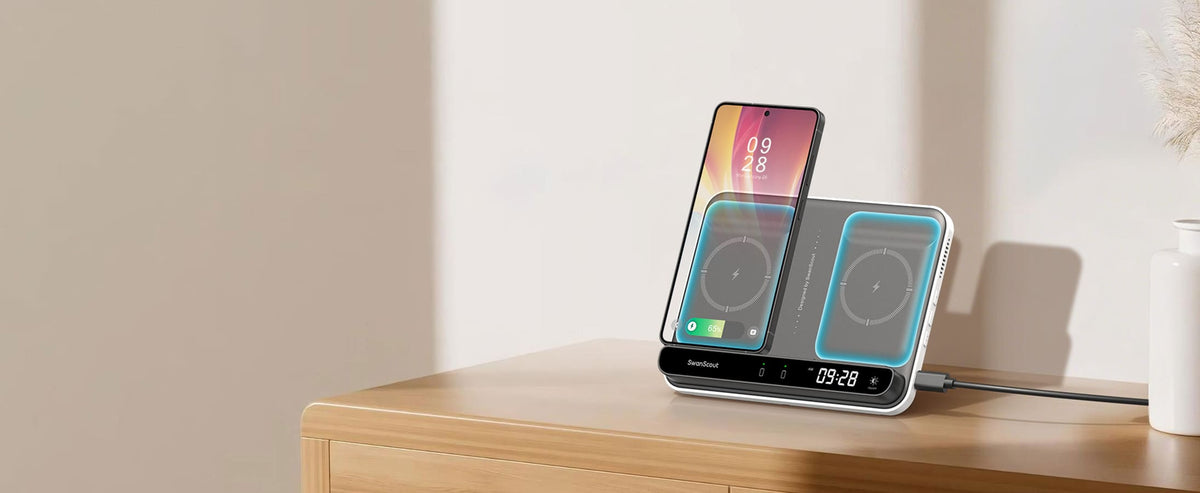 Dual phone wireless charger with two raised charging areas for easy phone alignment SwanScout 504