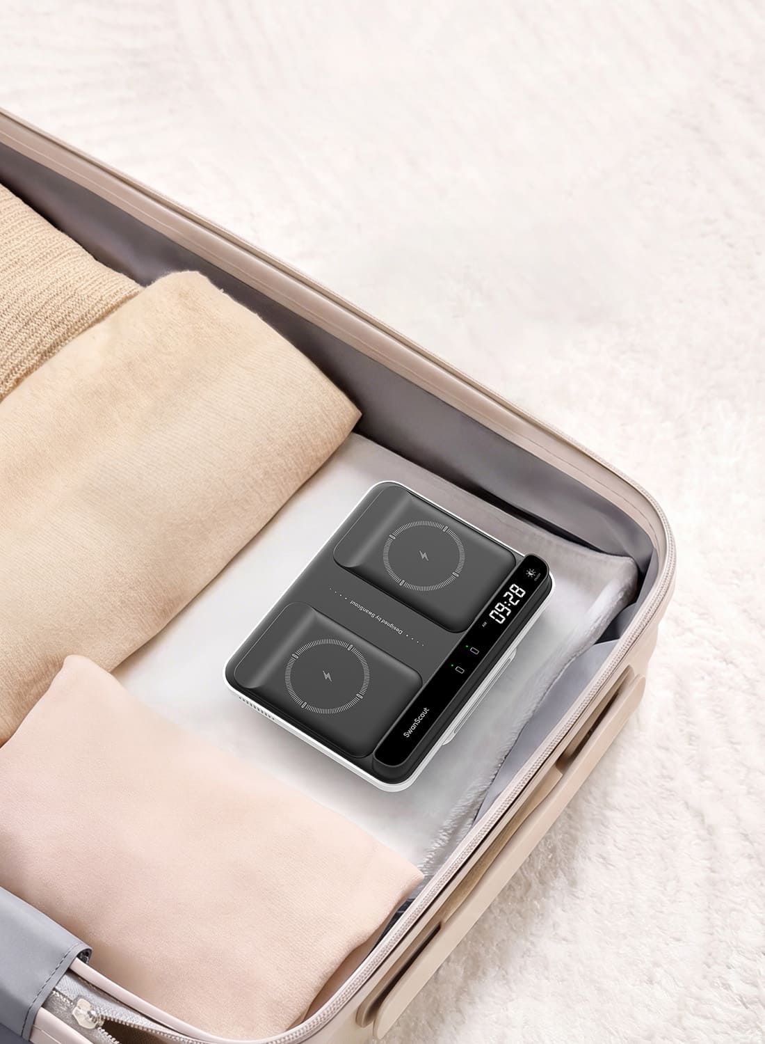 Portable foldable dual phone wireless charger packed in a suitcase for travel SwanScout 504