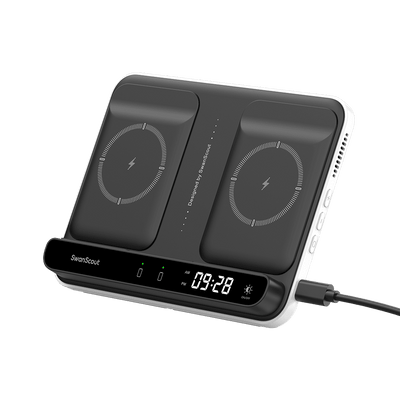 White dual phone wireless charging station side view with clock buttons and vent holes SwanScout 504