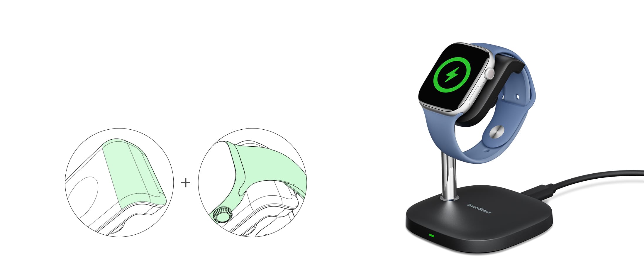 Watch band support design for stable wobble-free charging on the SwanScout 505A