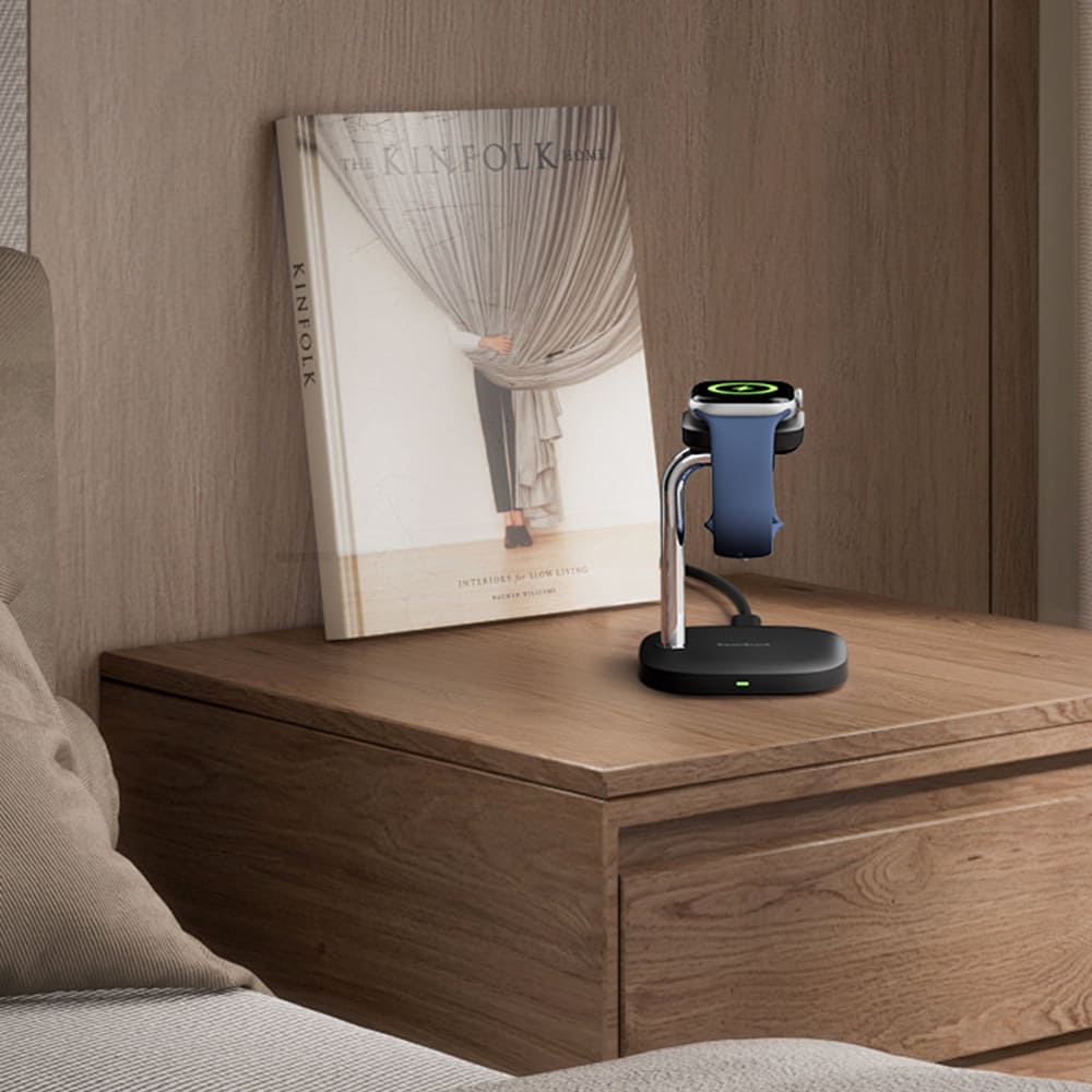 Apple Watch charging stand on a bedside nightstand for convenient charging SwanScout 505A