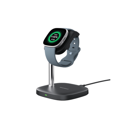 SwanScout 505FB charging stand for Fitbit Sense 2 and Versa 4 smartwatch, black plastic dock with charging port