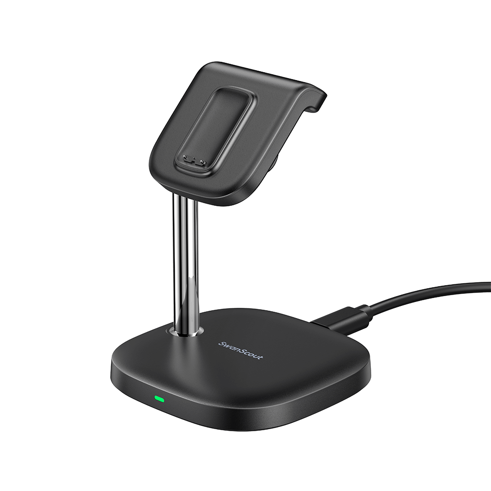 SwanScout 505FC fast charging stand for Fitbit Charge 6, 5, and Luxe, holding the Fitbit device with a sleek design.