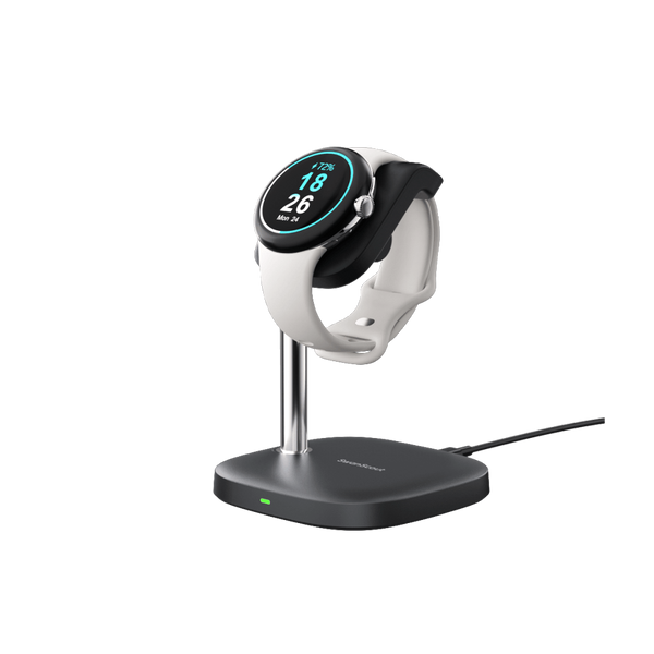 SwanScout 505G2 vertical charging stand for Google Pixel Watch 3, featuring a secure dock and sleek design for office or nightstand use