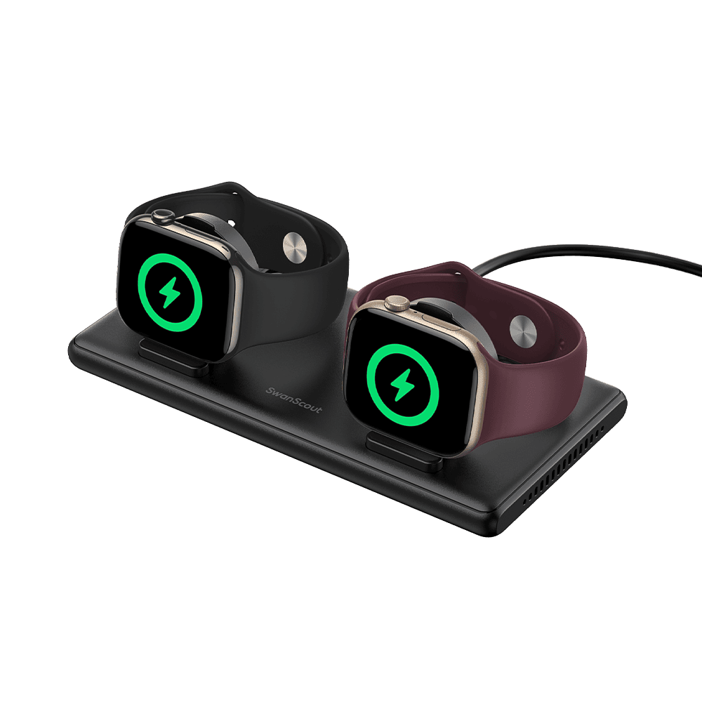 SwanScout 507DA charging two Apple Watches at the same time on a black dock
