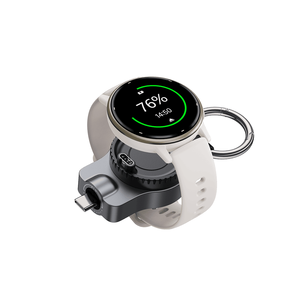 Garmin watch charging with compact USB-C keychain charger shown in left front 45 degree angle using SwanScout 510GM