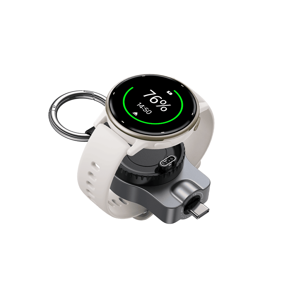 Portable Garmin watch charger displayed in right front 45 degree angle with watch attached using SwanScout 510GM