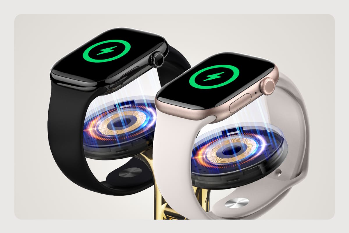 Strong magnetic force aligns and secures two Apple Watches on the SwanScout 704A charger