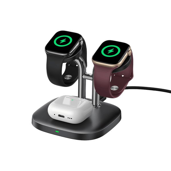 Two Apple Watches and AirPods charging on black SwanScout 704A stand