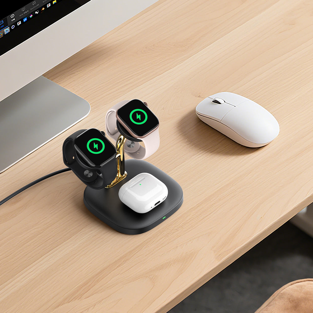 Dual Apple Watch and AirPods charging on a desktop with SwanScout 704A