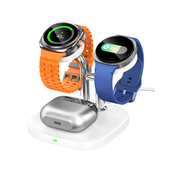 SwanScout 704S white wireless charging station, designed to charge two Samsung Galaxy Watches and Galaxy Buds Pro simultaneously in one compact dock