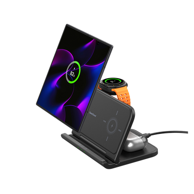 SwanScout 705S 3-in-1 charger with a Galaxy Z Fold 6 unfolded mode, simultaneously charging Galaxy Watch 8 and Buds 3 Pro