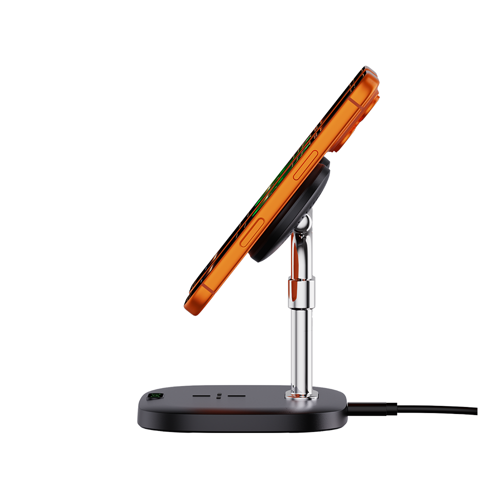Side view of SwanScout 706M demonstrating the stable magnetic alignment for two iPhones, providing an ideal viewing angle while charging
