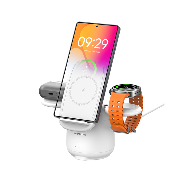 SwanScout 707S penguin-shaped 3 in 1 wireless charging station in white, simultaneously charging a Samsung phone, Galaxy Watch, and earbuds