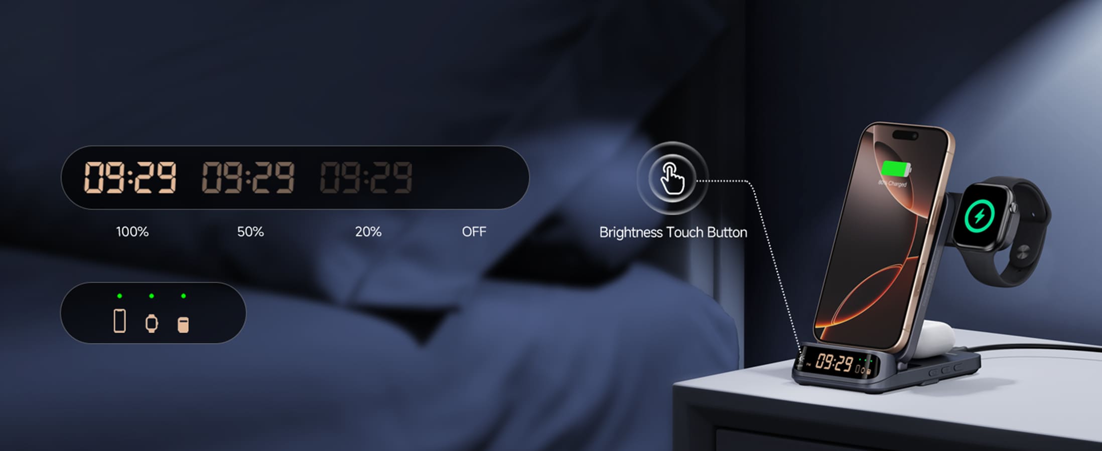 Digital clock with adjustable brightness and charging indicators on the SwanScout 708A 3-in-1 wireless charger