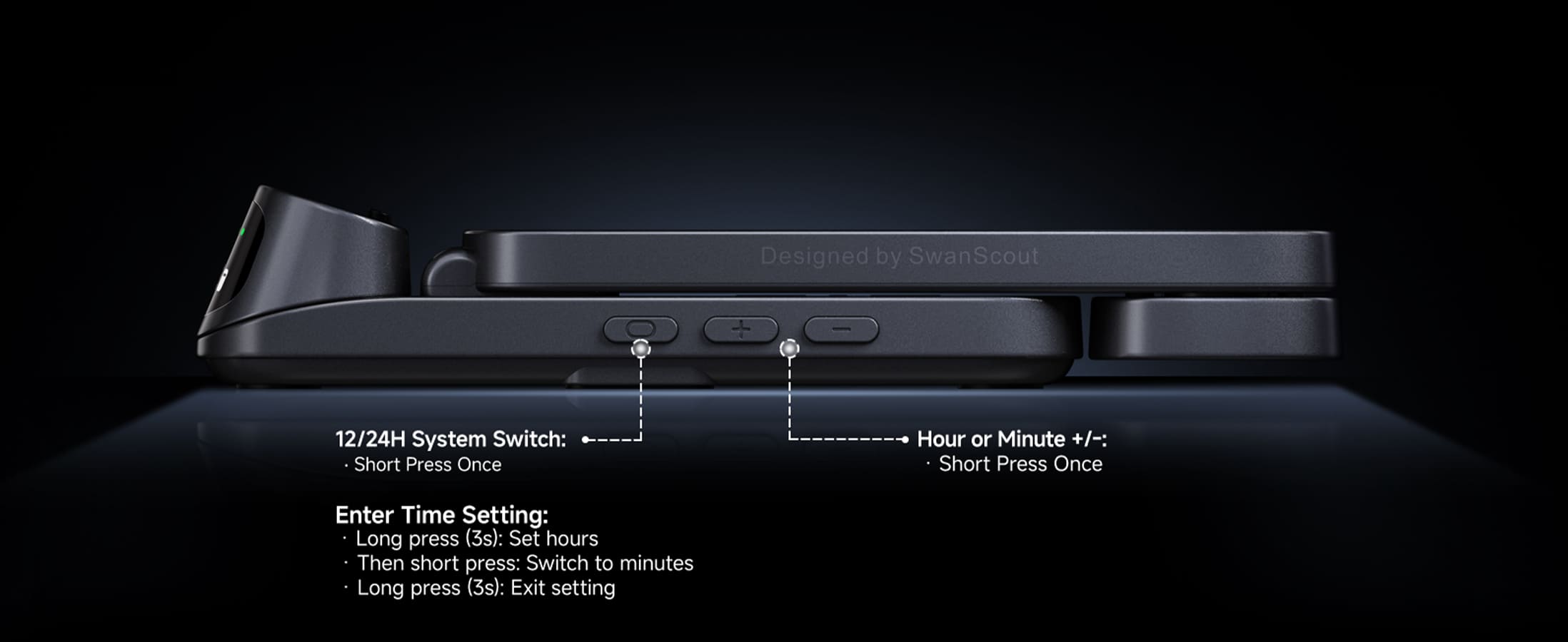 Digital clock time setting instructions for adjusting the time on the SwanScout 708A wireless charger