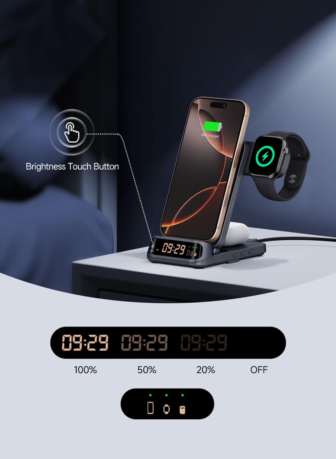 Digital clock with adjustable brightness and charging indicators on the SwanScout 708A 3-in-1 wireless charger