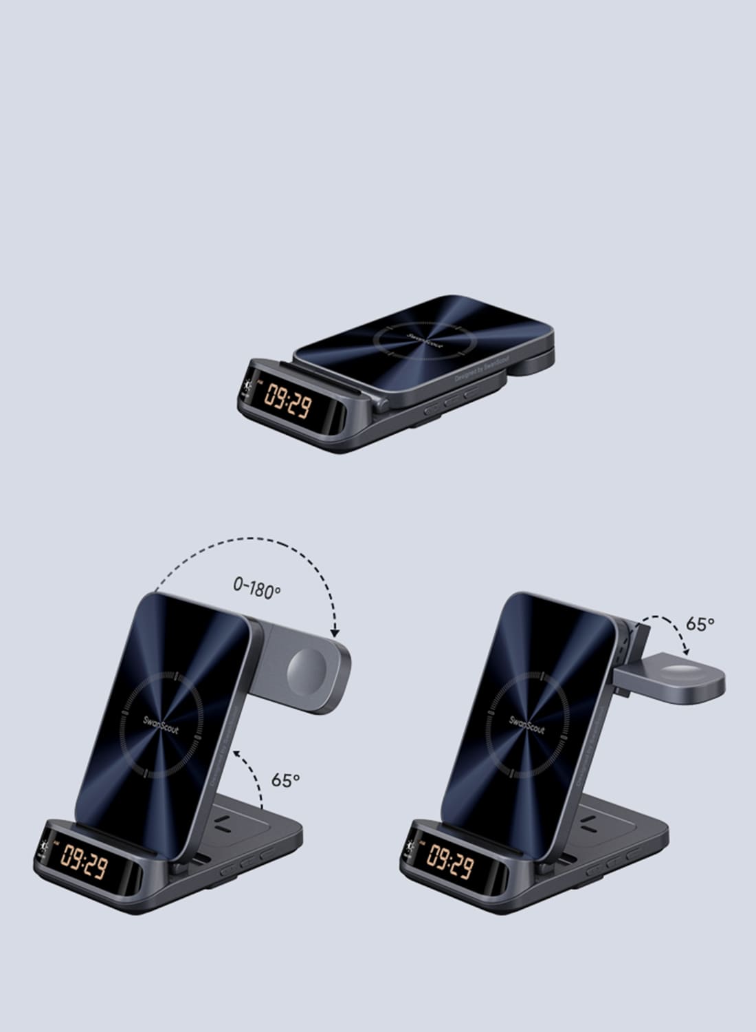 Foldable design and rotatable Apple Watch charger on the SwanScout 708A 3-in-1 wireless charger