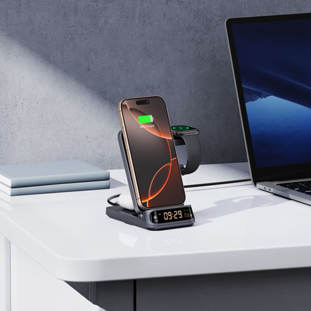 3-in-1 wireless charger with clock for an organized office desk setup SwanScout 708A