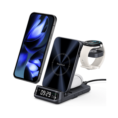 SwanScout 708G2 3-in-1 charging station powering a Google Pixel 9 Pro, Pixel Watch 3, and Pixel Buds Pro 2 with a curved LED clock