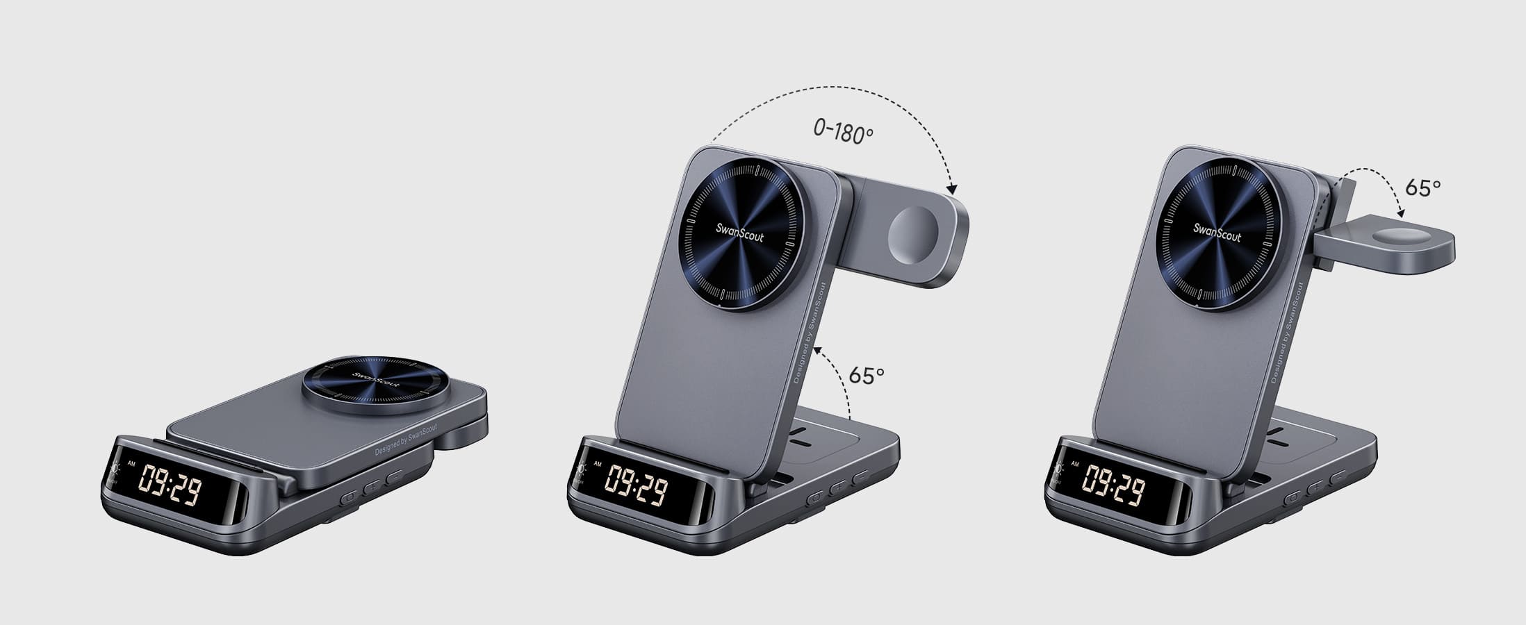 Foldable 3 in 1 charging station showing folded mode open mode and adjustable watch charging angle rotating from 45 degrees to horizontal using SwanScout 708M-25W