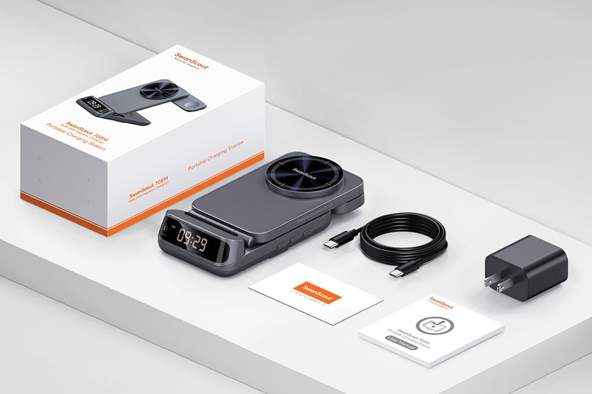 What’s in the box includes SwanScout 708M-25W wireless charging station 45W adapter charging cable user manual and warranty card for a complete setup experience