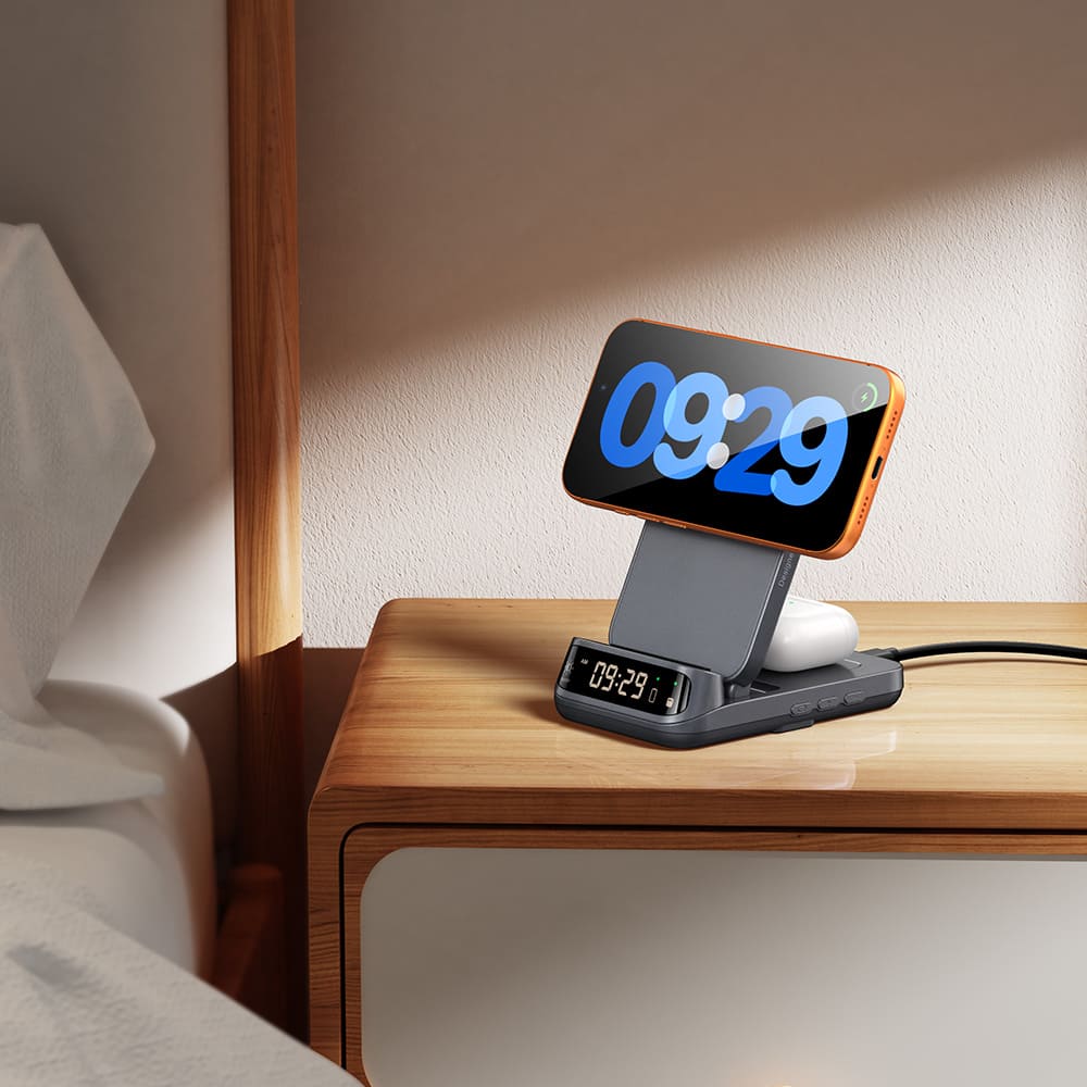 Wireless charging station placed on bedside nightstand for convenient overnight charging of iPhone Apple Watch and AirPods using SwanScout 708M-25W