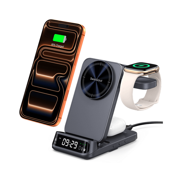 SwanScout 708M 3-in-1 magnetic wireless station charging iPhone 16 Pro Max, Apple Watch 10, and AirPods with a curved 3D LED clock display